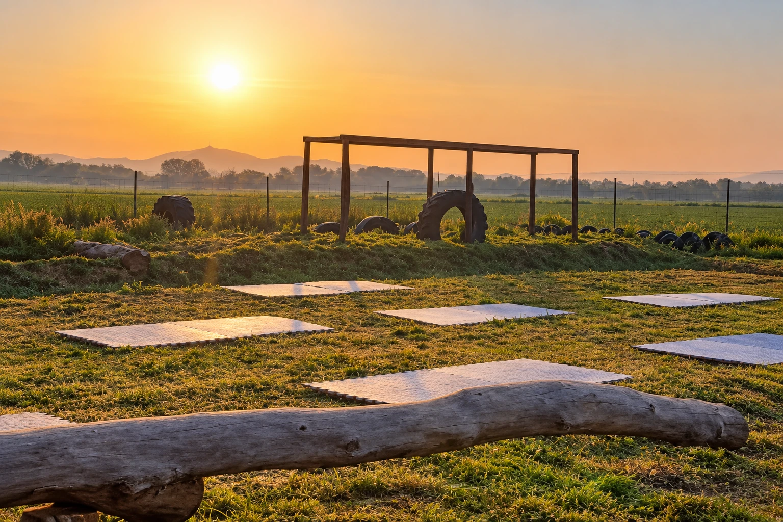 Espacio al aire libre con esterillas sobre la hierba y paisaje rural bajo una luz dorada